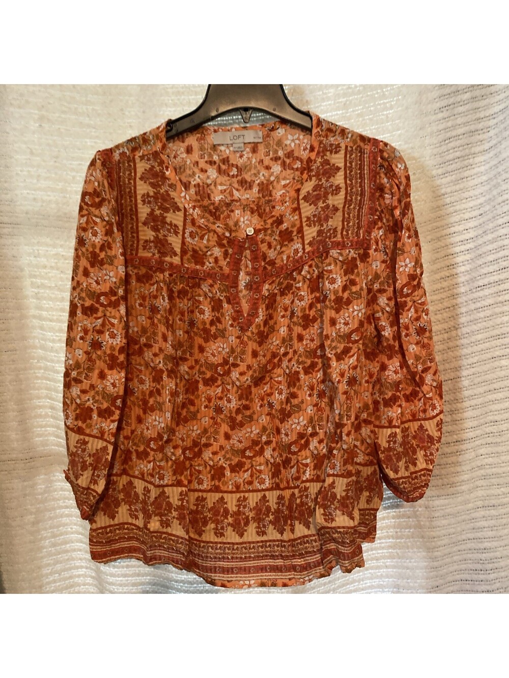 Loft Womens XLP Orange Floral Dobby Peasant Blouse Split Neck Long Sleeve